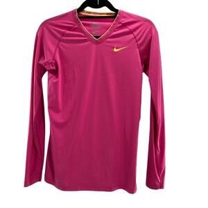 NIKE PRO COMBAT Dri-Fit Women's L/S V Neck Pink/Yellow Fitted Shirt Sz S‎